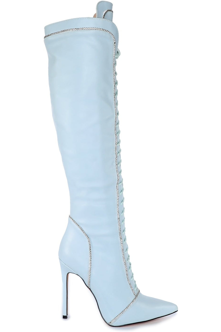 Azalea Wang Lace Up Rhinestone Knee boot in Blue Faux Leather