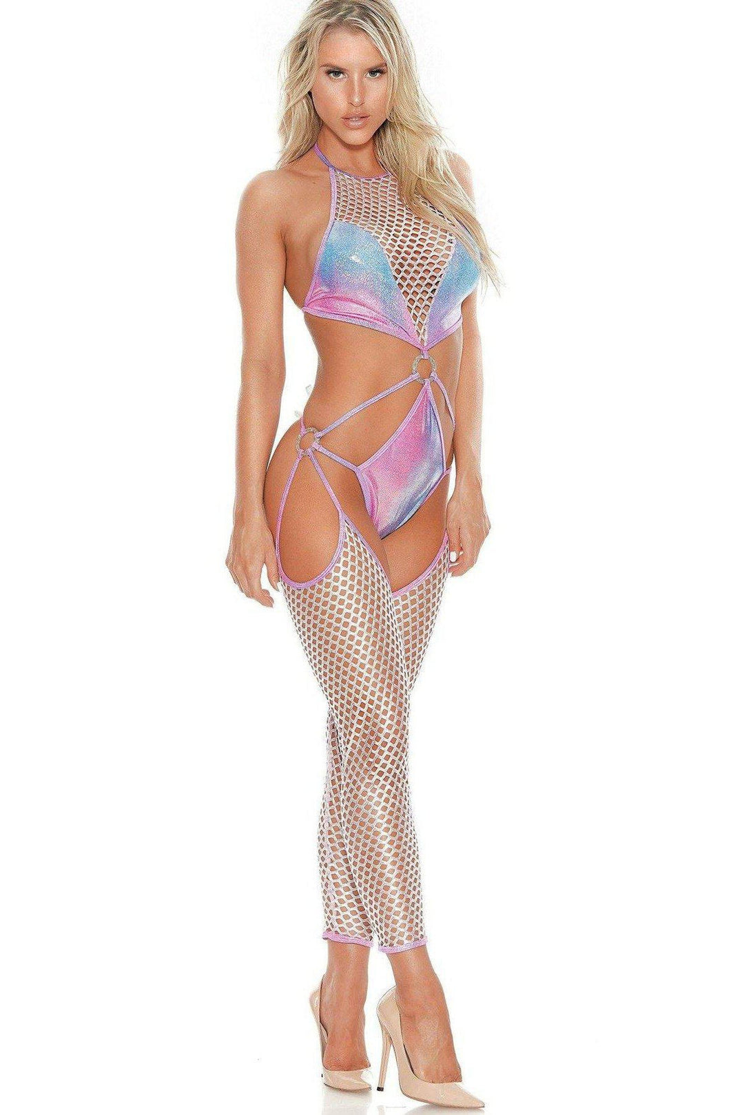 Bodysuit With Attached Net Leggings-Dancewear Rompers-Bodyshotz-Pink-O/S-SEXYSHOES.COM