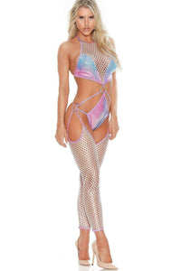 Bodyshotz Bodysuit With Attached Net Leggings in Pink  from SexyShoes.com