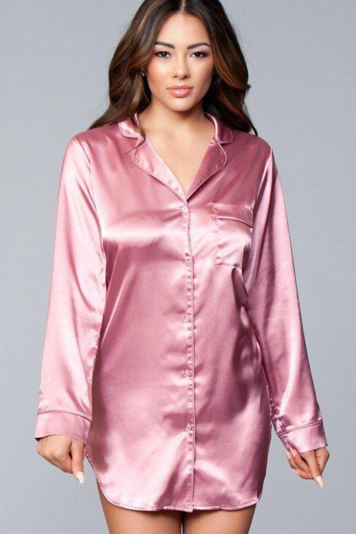 BeWicked Button Front Satin Sleepshirt in Pink  from SexyShoes.com