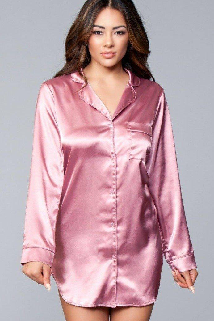 Button Front Satin Sleepshirt-Sleepwear-BeWicked-Pink-S-SEXYSHOES.COM
