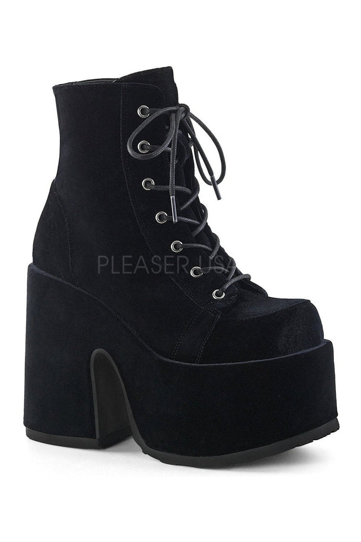 CAMEL-203 Demonia Ankle Boot | Black Velvet-Demonia-Black-Ankle Boots-SEXYSHOES.COM