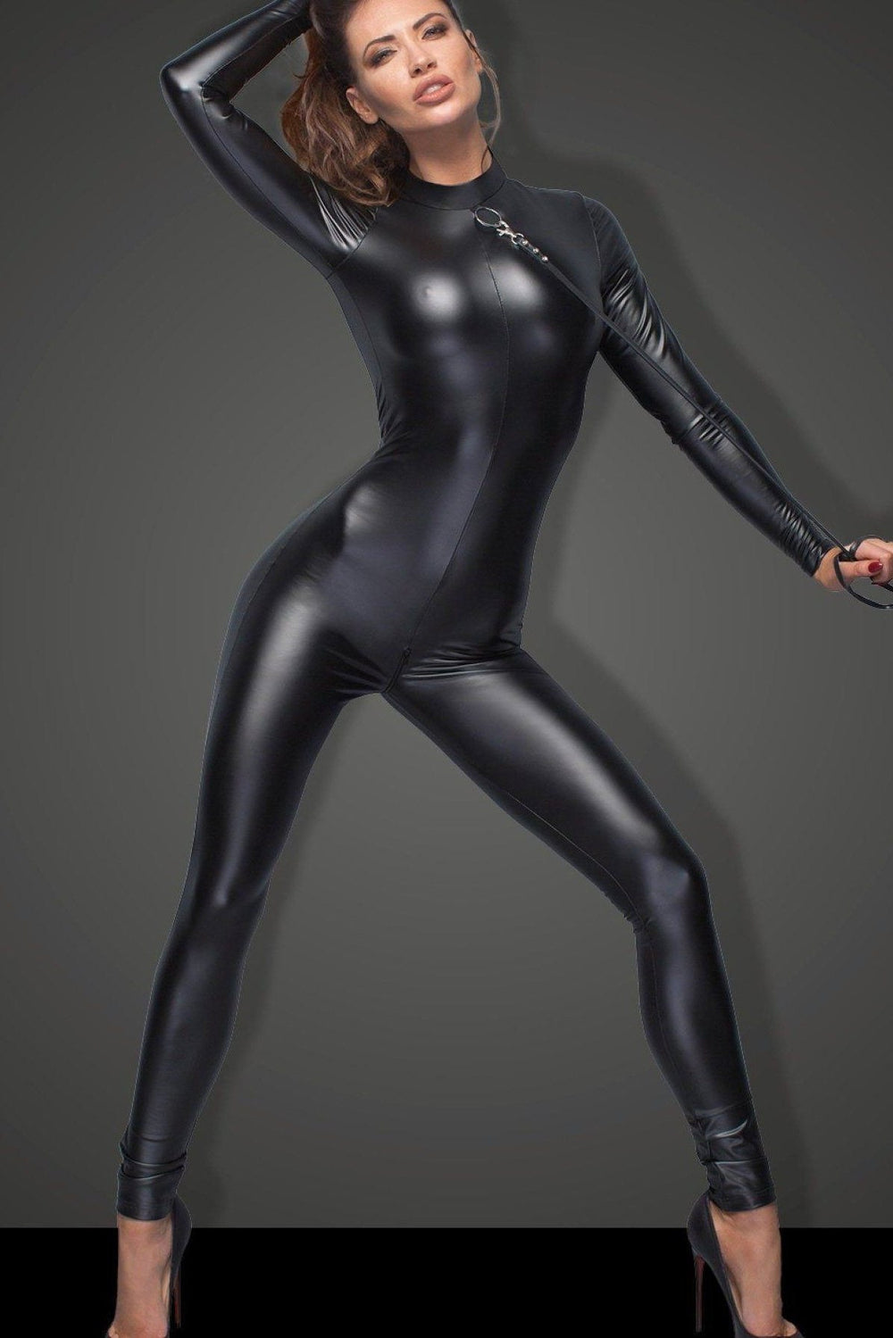 Noir Handmade Catsuit with Leash features Ring Collar and Zippered Crotch in Black Wetlook