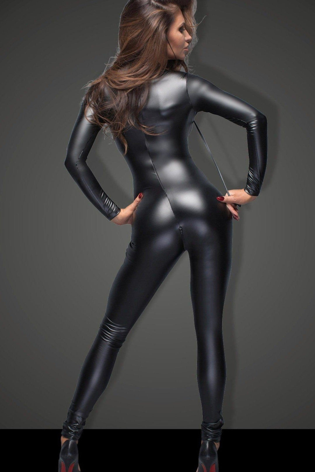 Catsuit with Leash features Ring Collar and Zippered Crotch-Noir Handmade-SEXYSHOES.COM