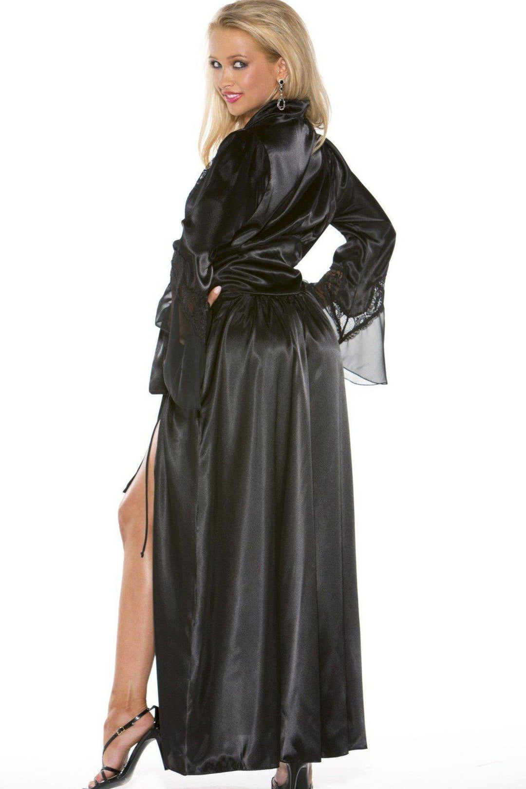 Shirley of Hollywood Charmeuse Lace And Chiffon Long Robe in Black 