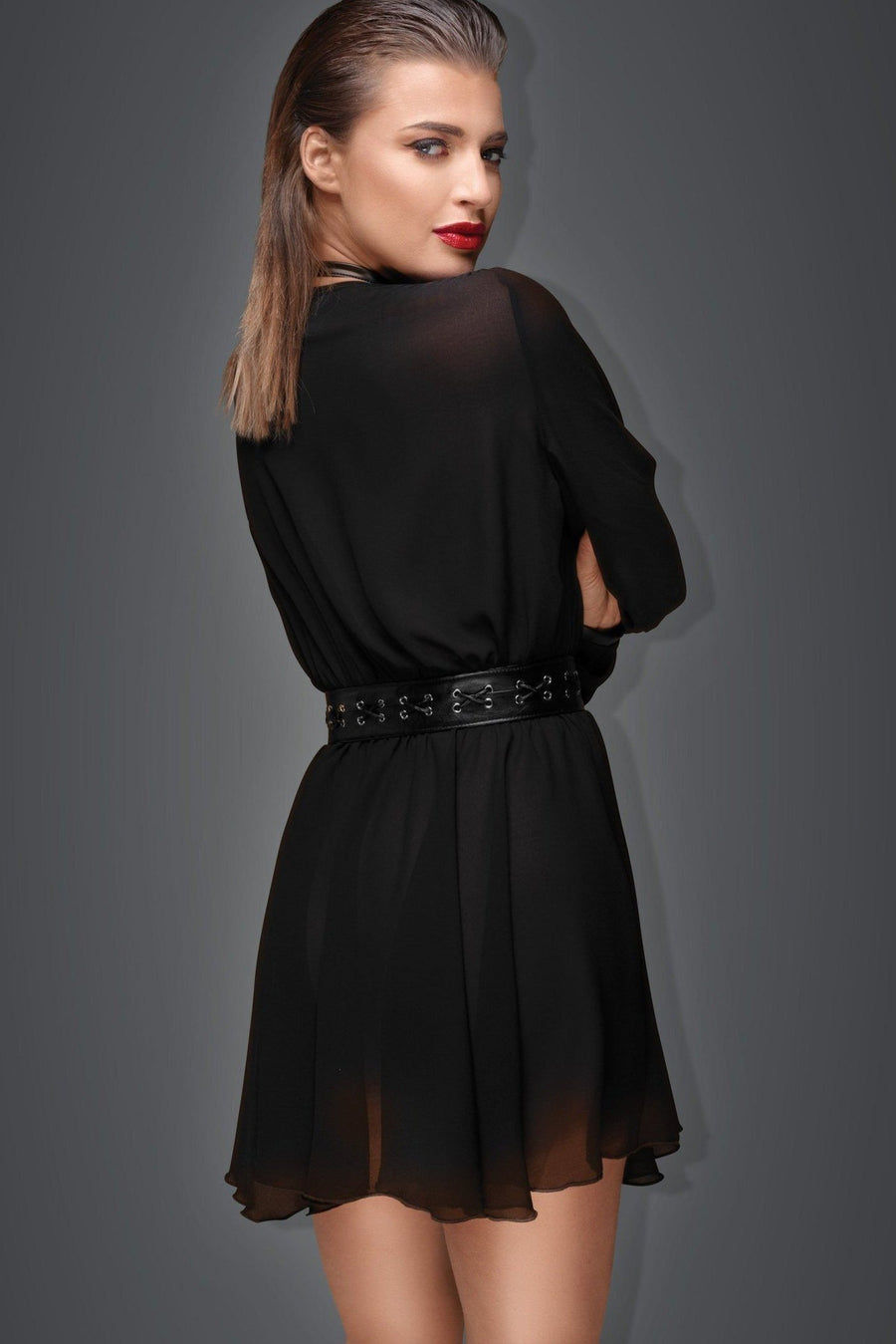 Noir Handmade Chiffon Minidress With Choker in Black Faux Leather
