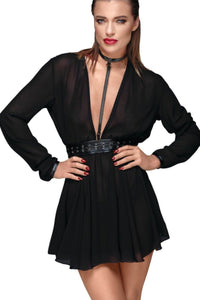 Noir Handmade Chiffon Minidress With Choker in Black Faux Leather