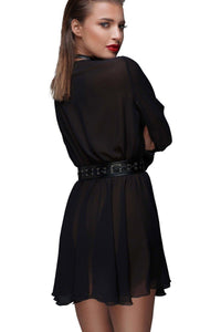 Noir Handmade Chiffon Minidress With Choker in Black Faux Leather