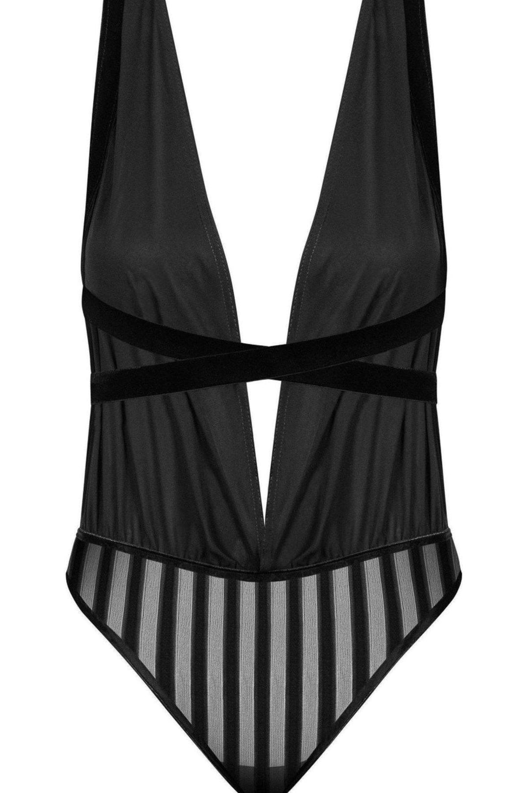 Noir Handmade Chiffon V Neck Velvet Trimmed Bodysuit in Black 
