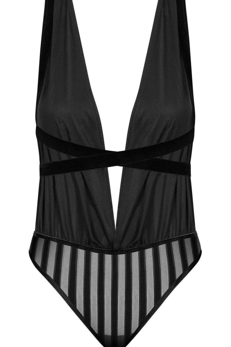 Noir Handmade Chiffon V Neck Velvet Trimmed Bodysuit in Black 