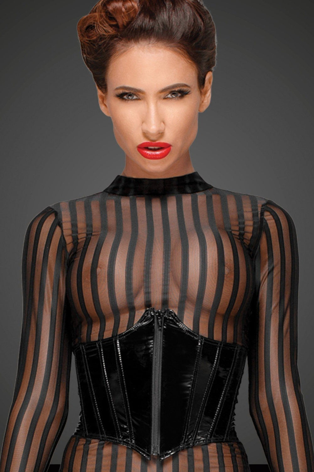 Noir Handmade Classic Dress Made Of Elastic Tulle in Black Faux Leather