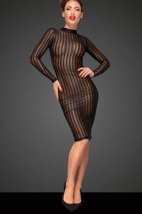 Noir Handmade Classic Dress Made Of Elastic Tulle in Black Faux Leather