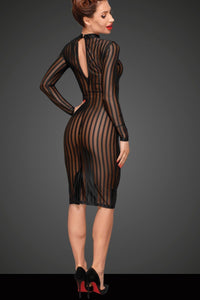 Noir Handmade Classic Dress Made Of Elastic Tulle in Black Faux Leather