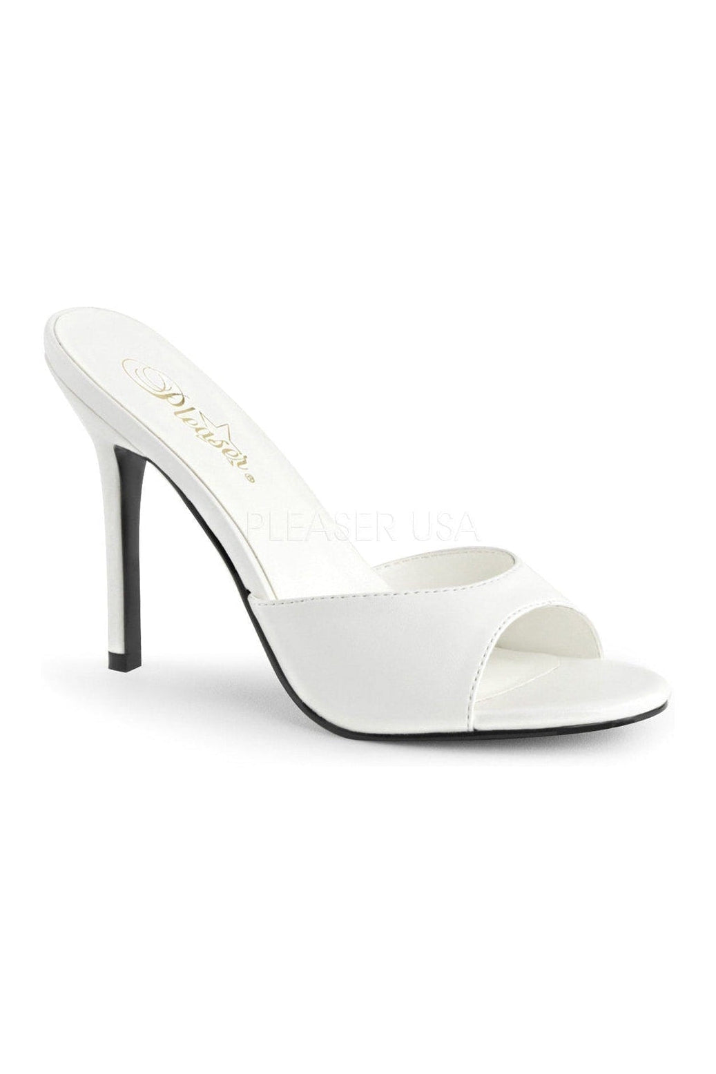 CLASSIQUE-01 Slide | White Faux Leather-Pleaser-White-Slides-SEXYSHOES.COM