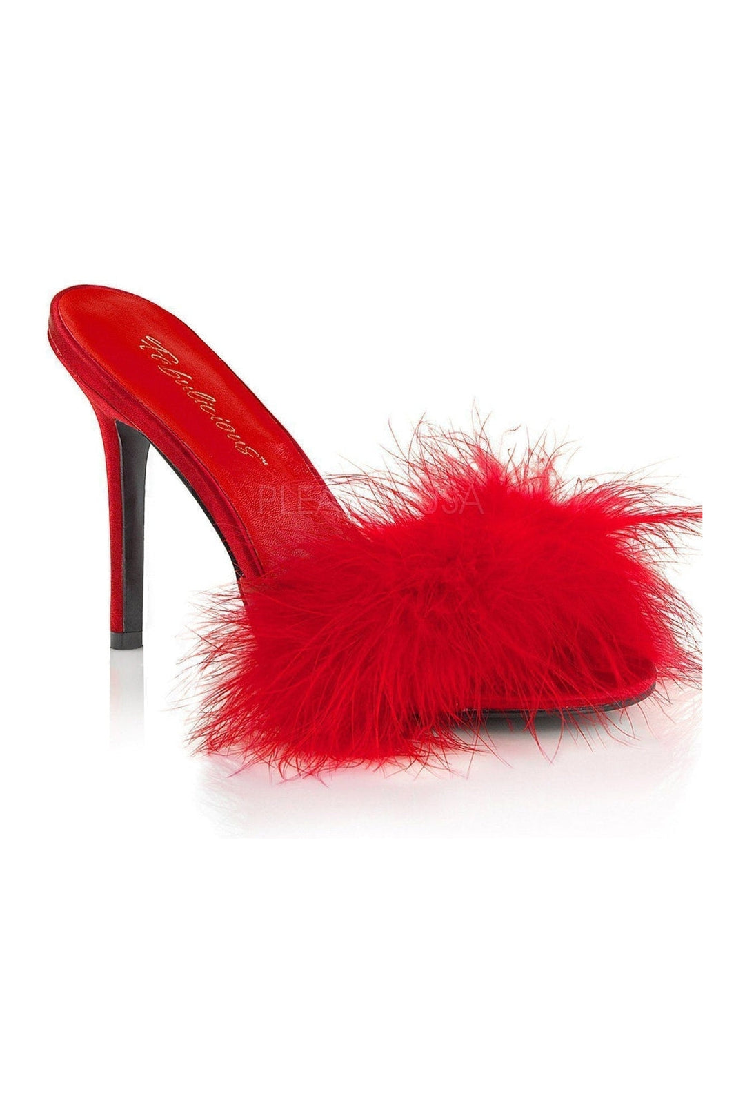 CLASSIQUE-01F Slide | Red Faux Leather-Fabulicious-Red-Marabous-SEXYSHOES.COM