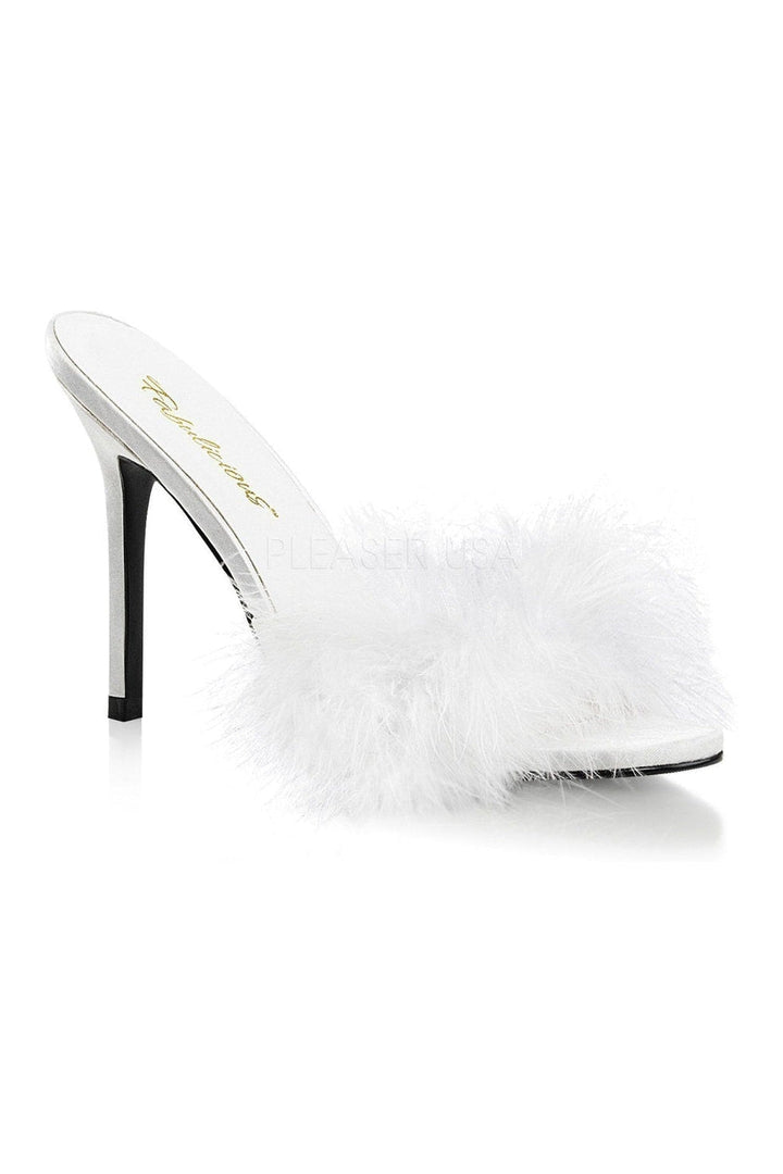 CLASSIQUE-01F Slide | White Faux Leather-Fabulicious-White-Marabous-SEXYSHOES.COM