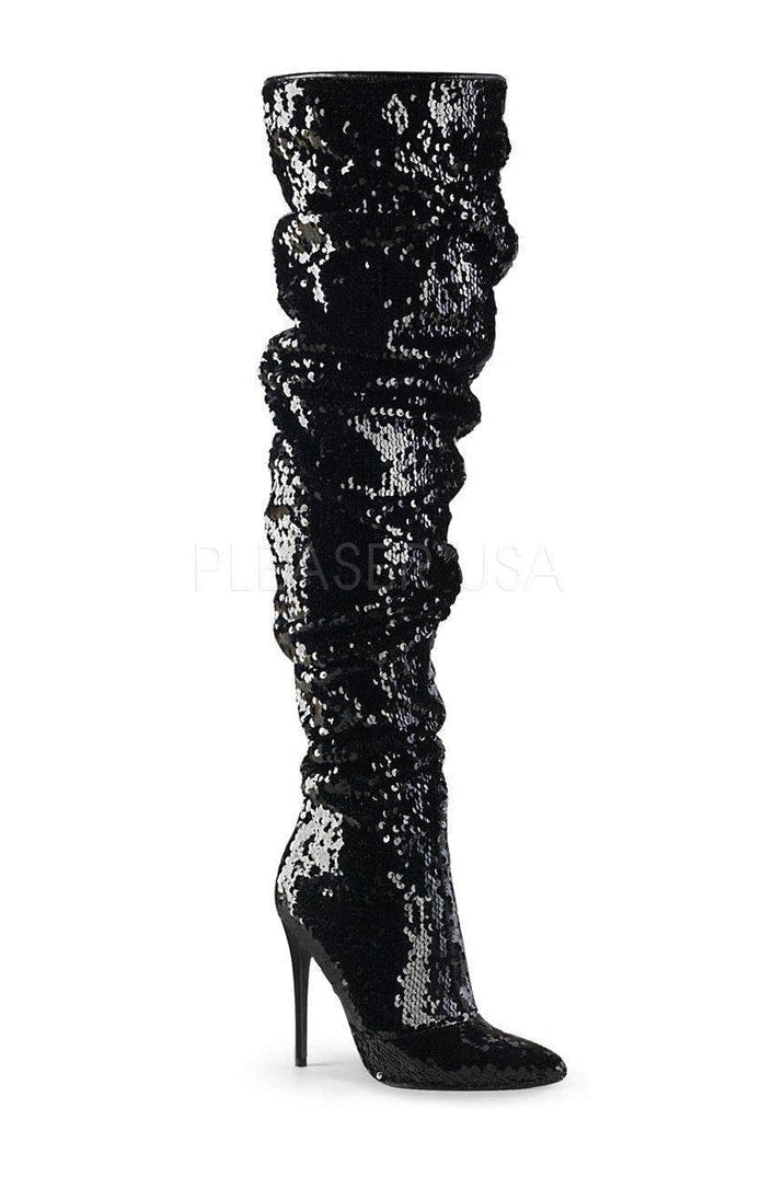 Pleaser COURTLY-3011 Thigh Boot in Black Sequins from SexyShoes.com