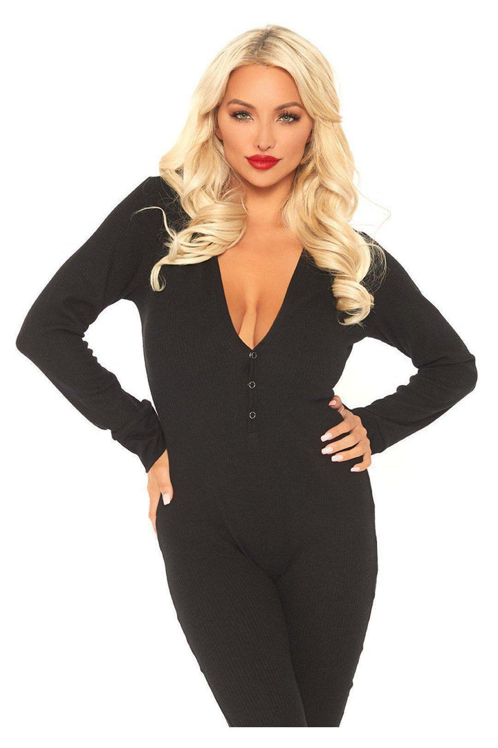 Leg Avenue Cozy Ribbed Long John Pajama in Black 