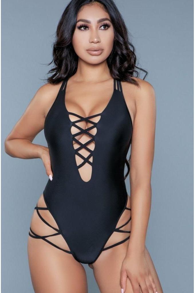 Criss Cross One Piece Swimsuit-One Piece Swim-BeWicked-Black-XS-SEXYSHOES.COM