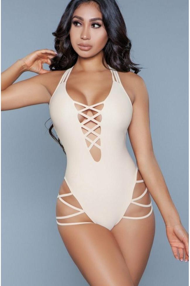 Criss Cross One Piece Swimsuit-One Piece Swim-BeWicked-Nude-XS-SEXYSHOES.COM