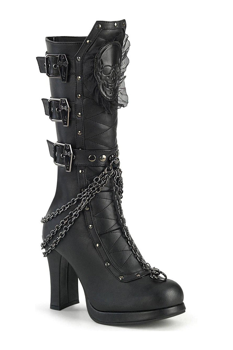 CRYPTO-67 Knee Boot | Black Faux Leather-Knee Boots-Demonia-SEXYSHOES.COM