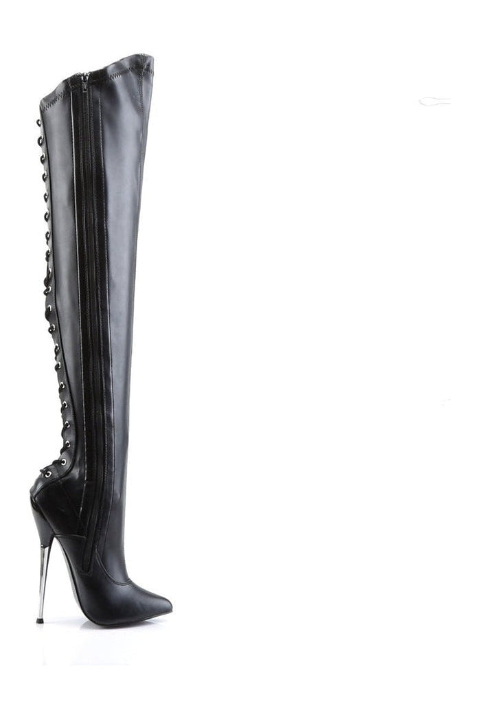 DAGGER-3060 Stiletto Boot | Black Faux Leather-Thigh Boots- Stripper Shoes at SEXYSHOES.COM
