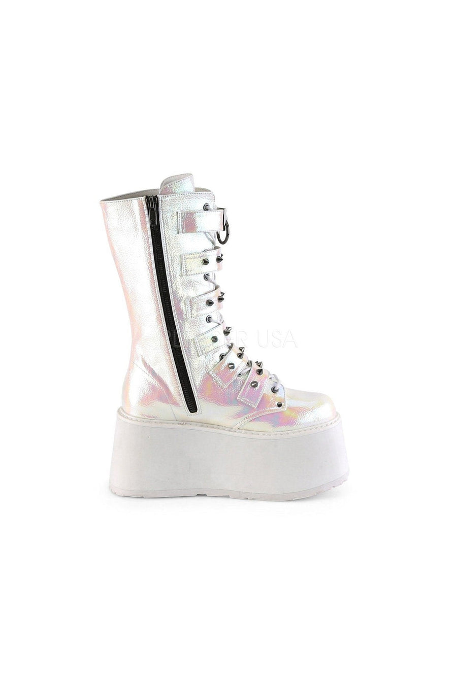 Demonia DAMNED-225  Knee Boot in White Faux Leather