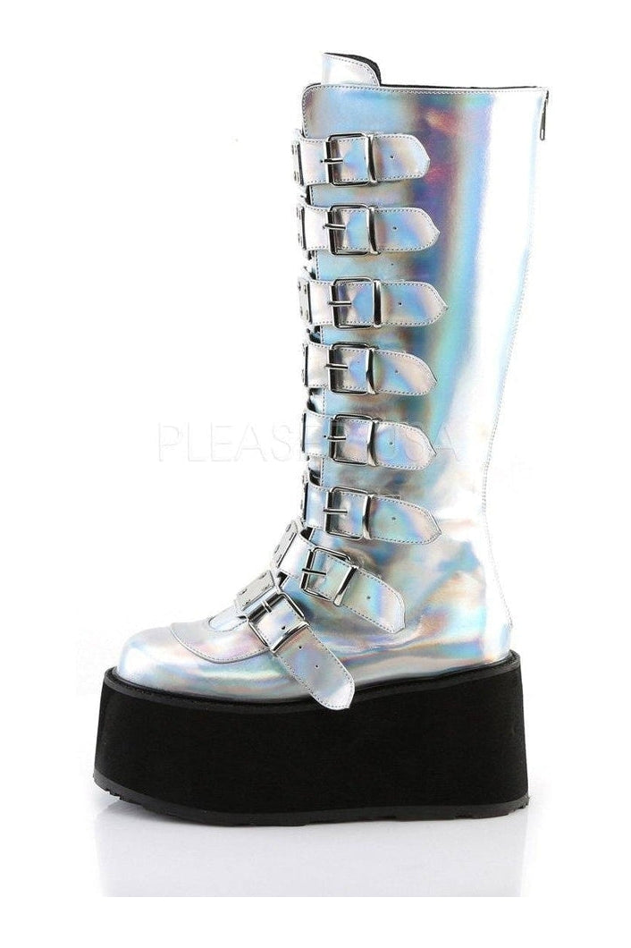 DAMNED-318 Demonia Knee Boot | Silver Faux Leather-Demonia-Knee Boots-SEXYSHOES.COM