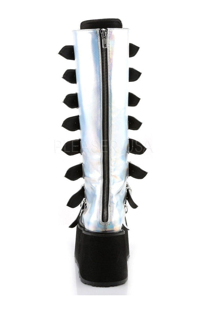 DAMNED-318 Demonia Knee Boot | Silver Faux Leather-Demonia-Knee Boots-SEXYSHOES.COM