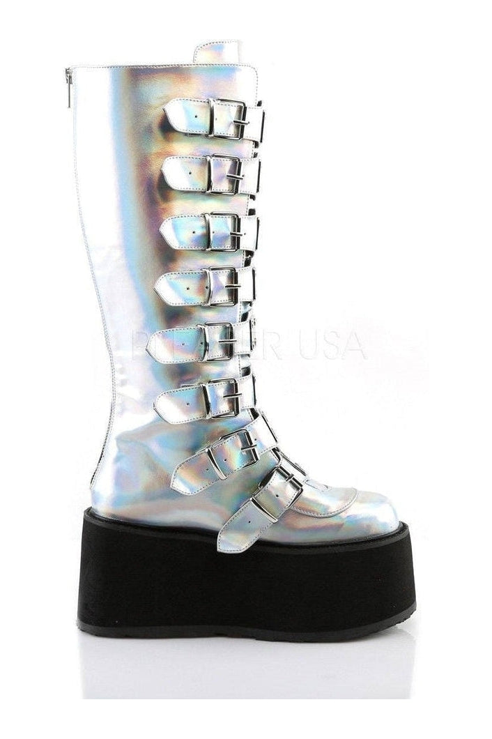DAMNED-318 Demonia Knee Boot | Silver Faux Leather-Demonia-Knee Boots-SEXYSHOES.COM