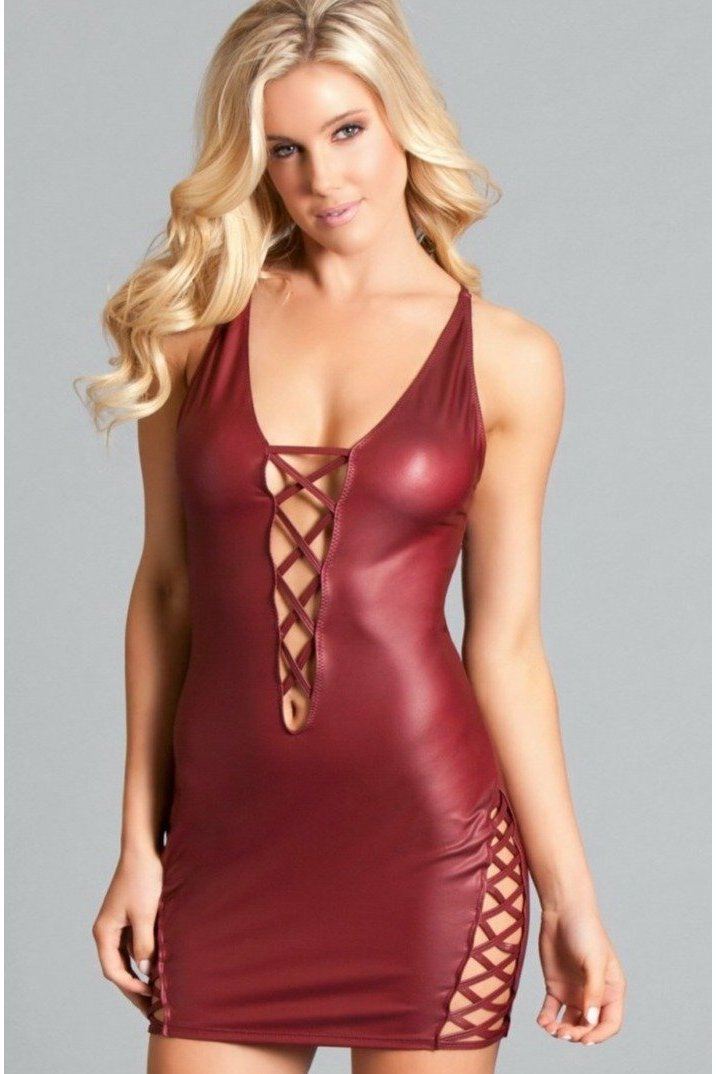 BeWicked Deep Plunge Wet Look Mini Dress in Burgundy  from SexyShoes.com