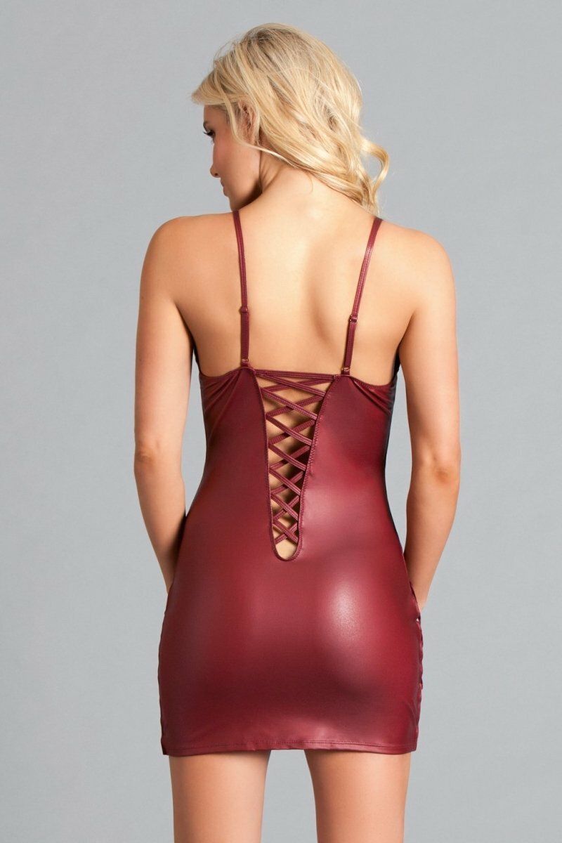 BeWicked Deep Plunge Wet Look Mini Dress in Burgundy 