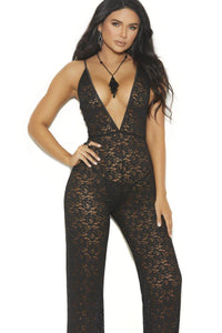 Elegant Moments Deep V Lace Jumpsuit in Black  from SexyShoes.com