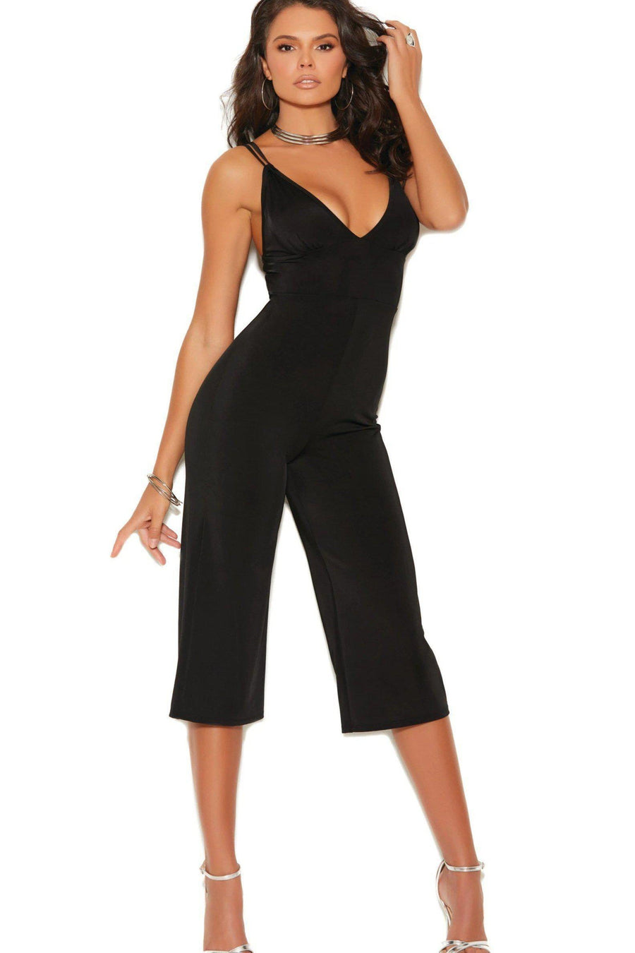 Elegant Moments Deep V Lycra Jumpsuit in Black 