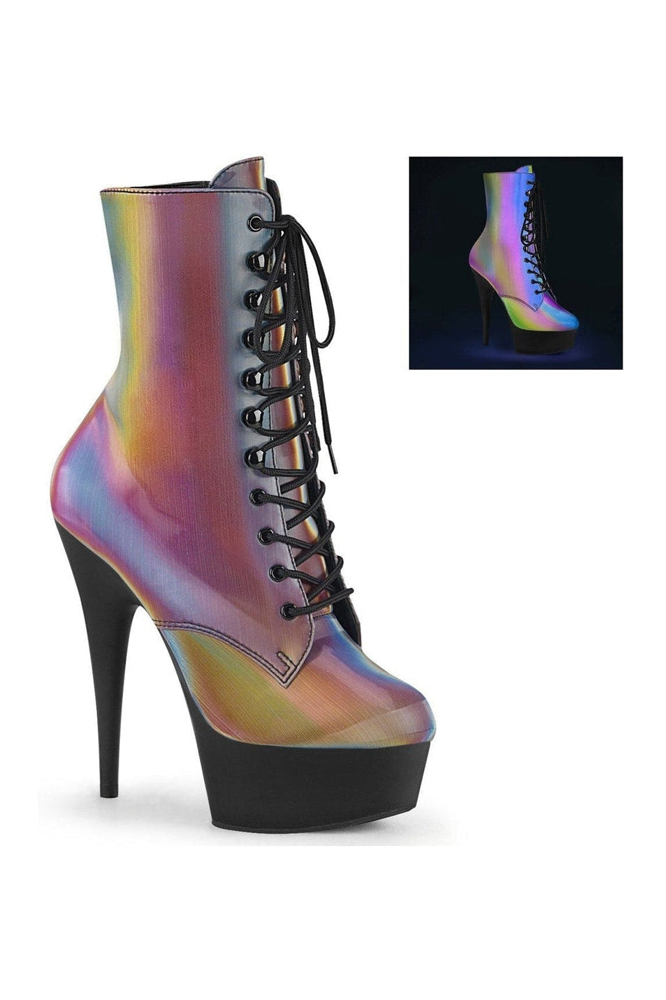 DELIGHT-1020REFL Exotic Ankle Boot | Rainbow Reflective-Ankle Boots-Pleaser-Rainbow-6-Reflective-SEXYSHOES.COM