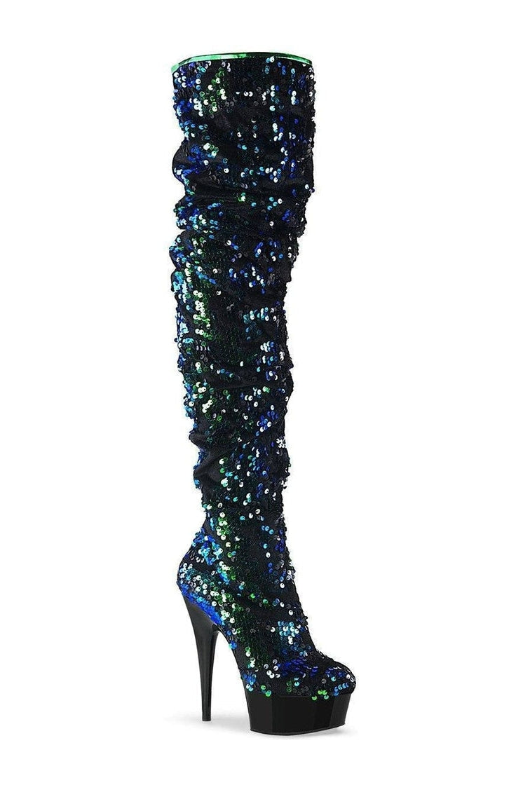 Pleaser DELIGHT-3004 Exotic Thigh Boot in Green Sequins from SexyShoes.com