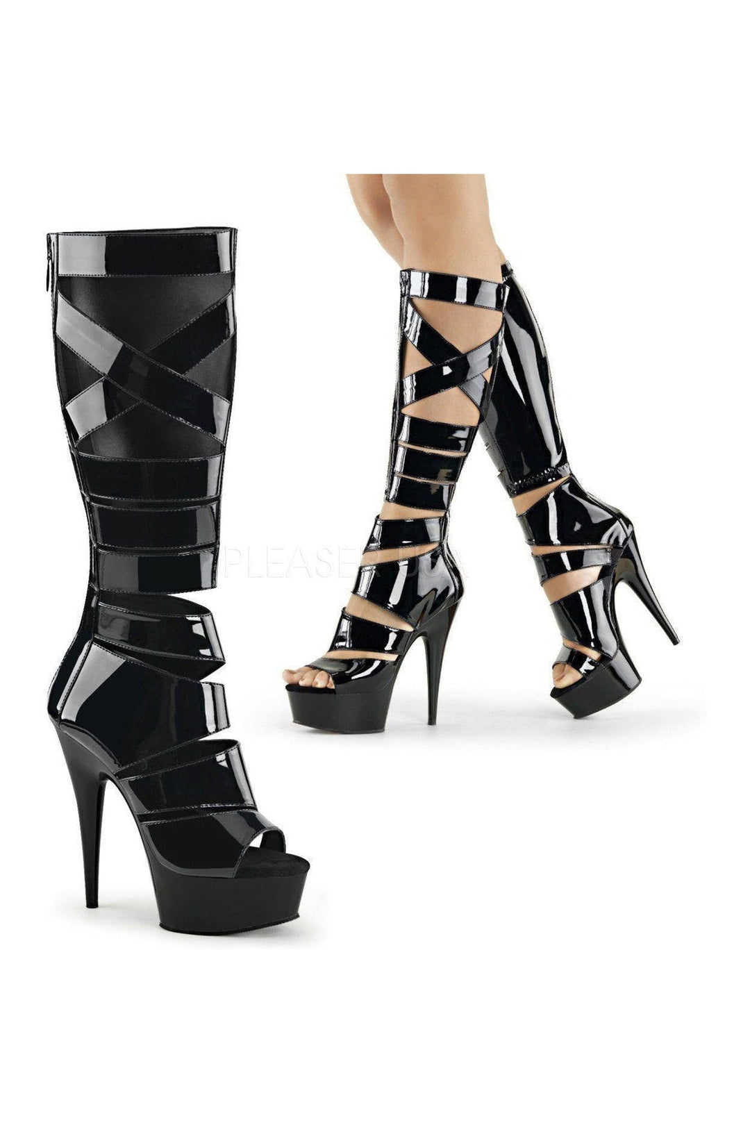 DELIGHT-600-49 Platform Boot | Black Patent-Pleaser-Black-Knee Boots-SEXYSHOES.COM