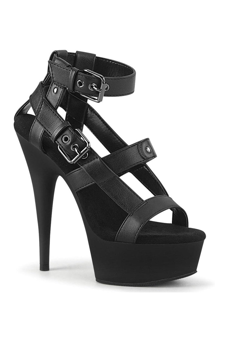 DELIGHT-637 Stripper Sandal | Black Faux Leather-Pleaser