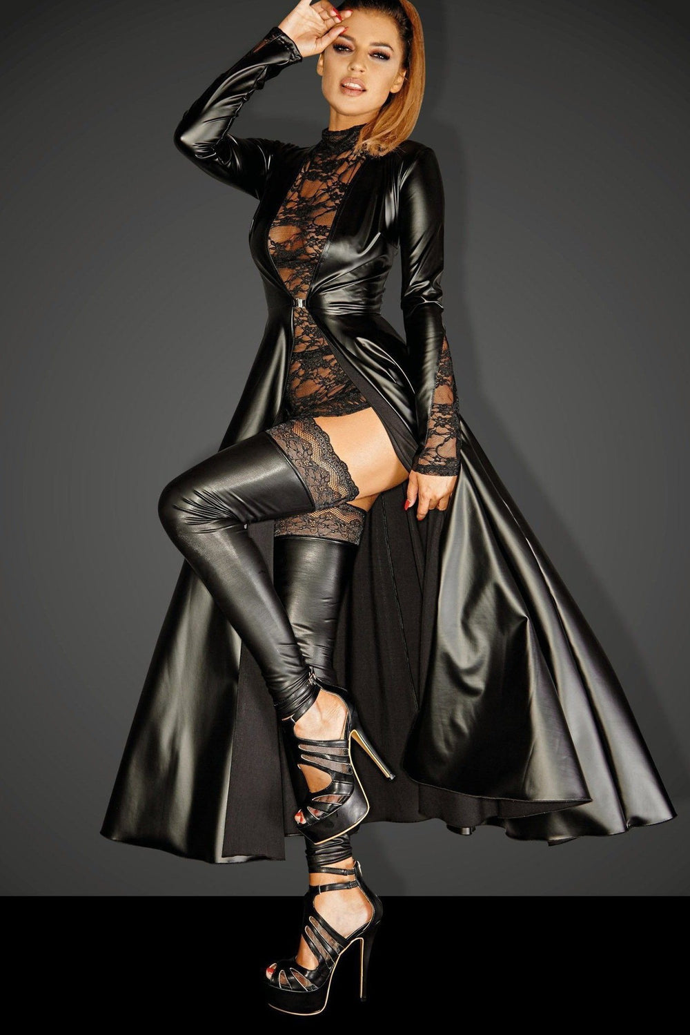 Noir Handmade Divalicious Long Fetish Coat Gown in Black Faux Leather