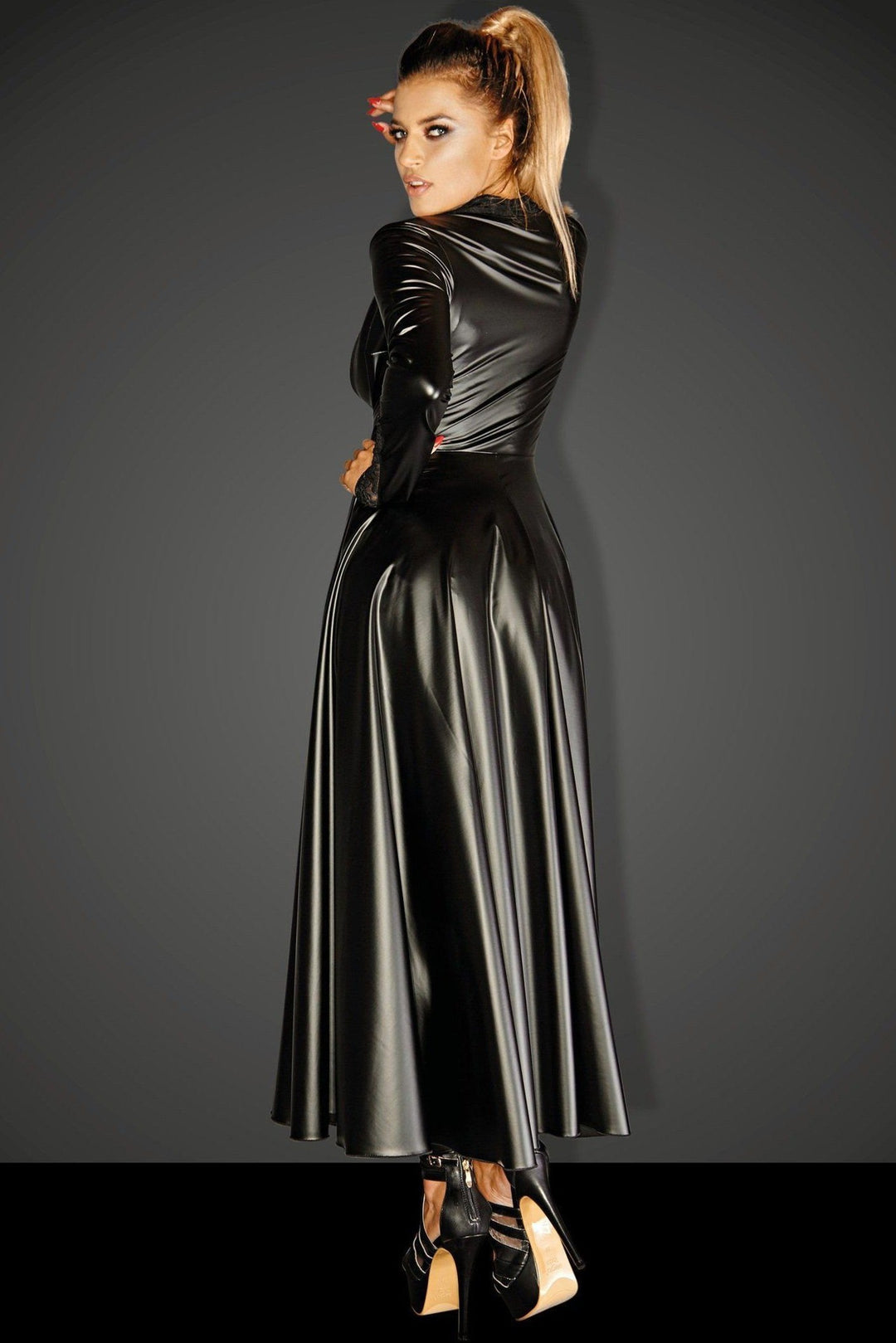 Noir Handmade Divalicious Long Fetish Coat Gown in Black Faux Leather