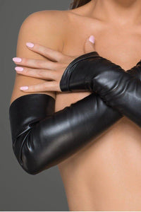 Noir Handmade Elastic Eco Leather Fingerless Gloves in Black 
