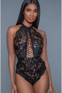 BeWicked Embellished Satin Lace Up Bodysuit in Black  from SexyShoes.com