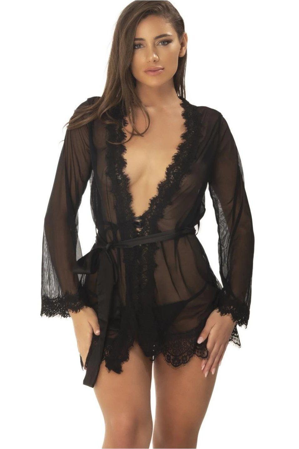 Oh La La Cheri Eyelash Lace Robe With Satin Sash + G String in Black  from SexyShoes.com