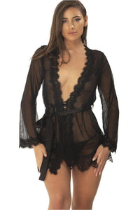 Oh La La Cheri Eyelash Lace Robe With Satin Sash + G String in Black  from SexyShoes.com