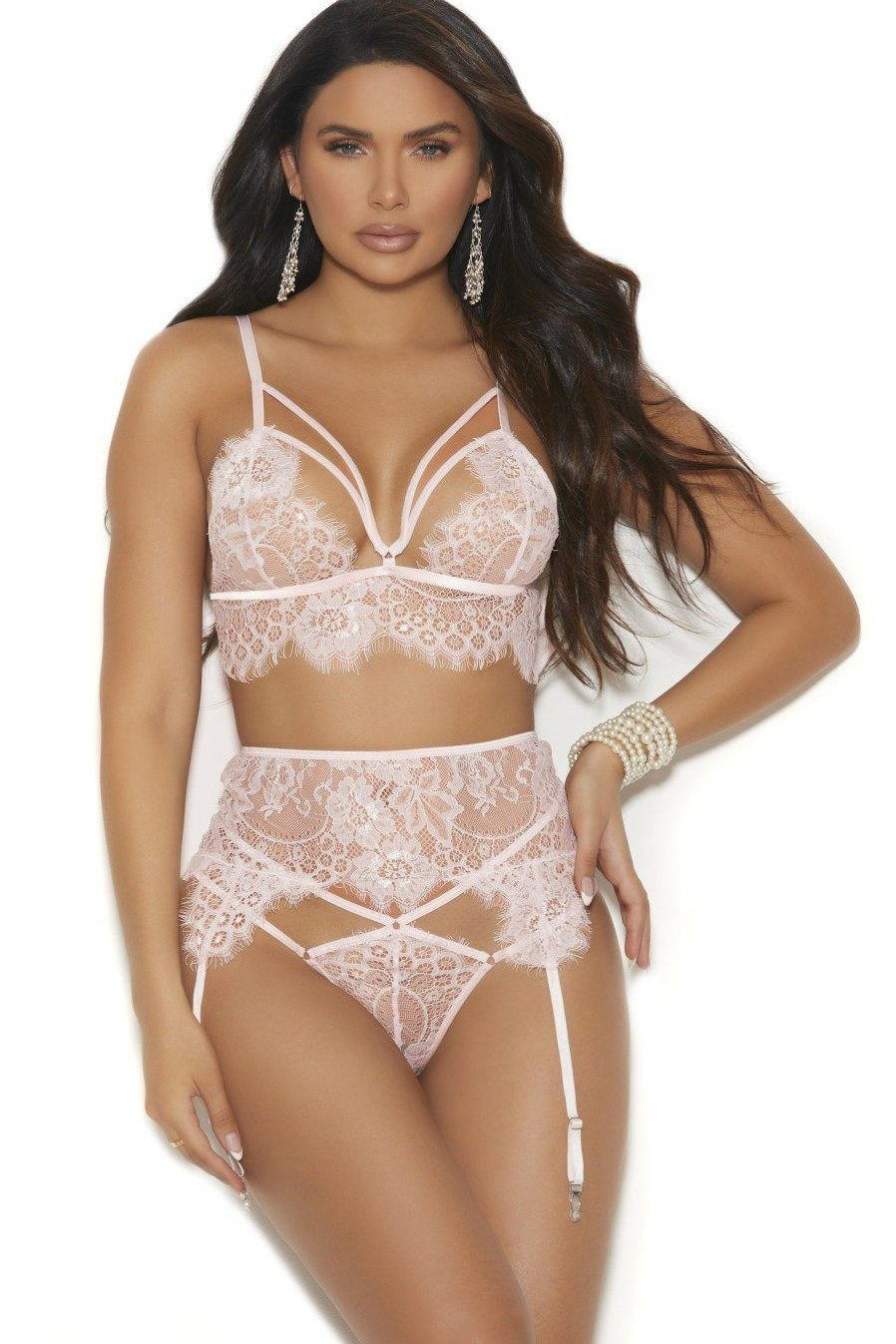 Elegant Moments Eyelash Lace Strappy Front Bra Set in Pink  from SexyShoes.com
