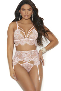 Elegant Moments Eyelash Lace Strappy Front Bra Set in Pink  from SexyShoes.com