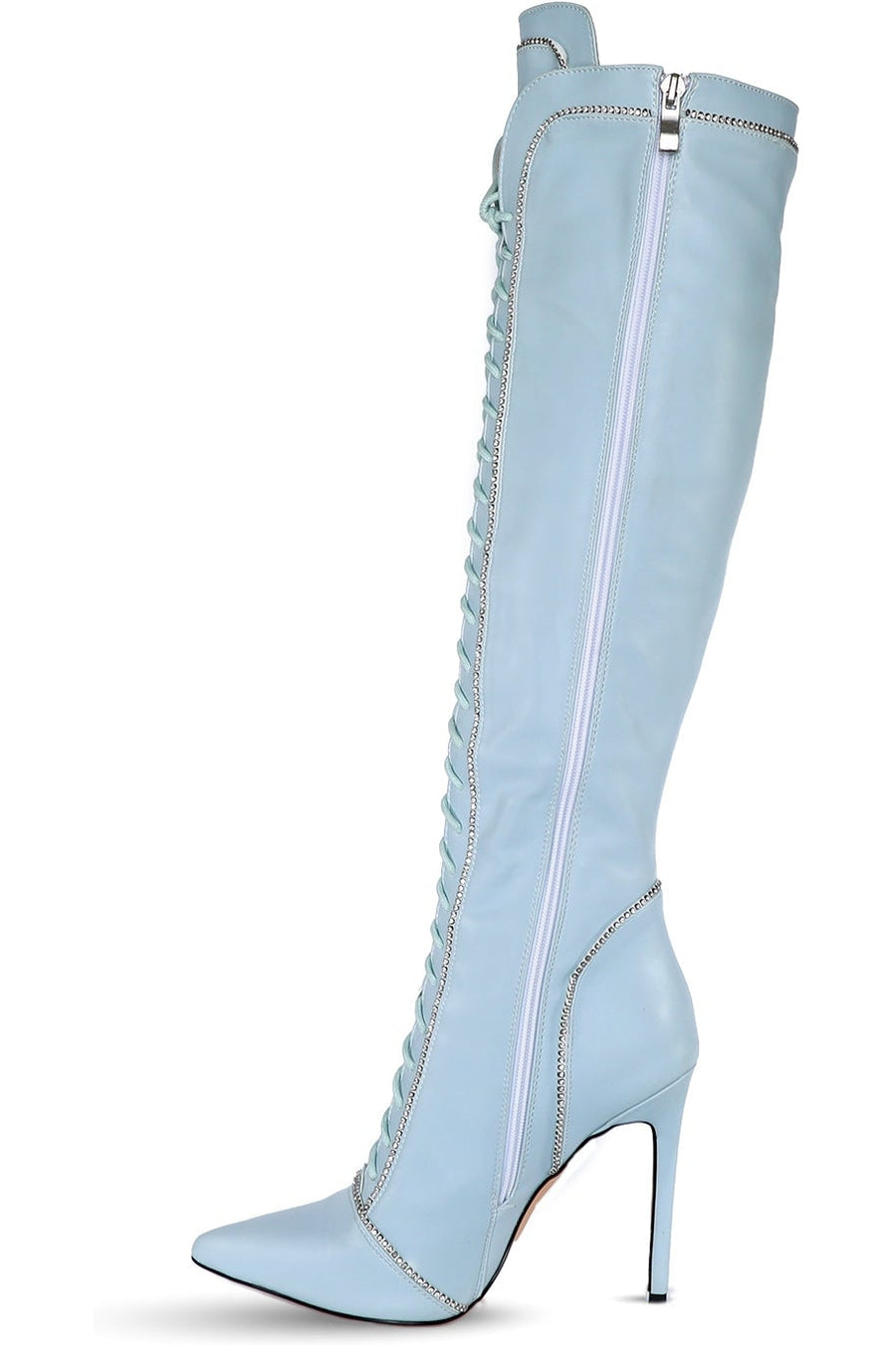 Azalea Wang Lace Up Rhinestone Knee boot in Blue Faux Leather