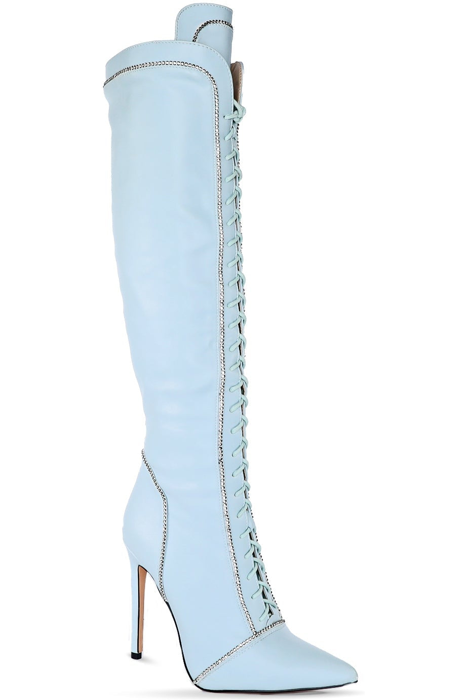 Azalea Wang Lace Up Rhinestone Knee boot in Blue Faux Leather from SexyShoes.com