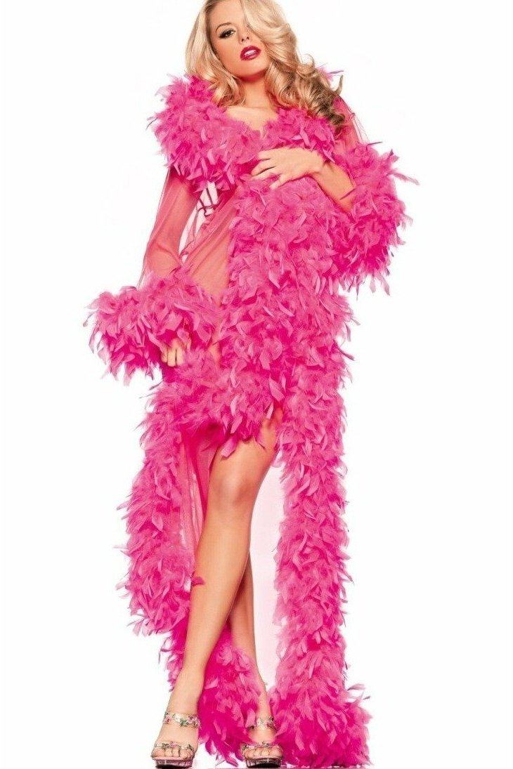Feather Trimmed Full Length Robe-Robes-BeWicked-Fuchsia-O/S-SEXYSHOES.COM