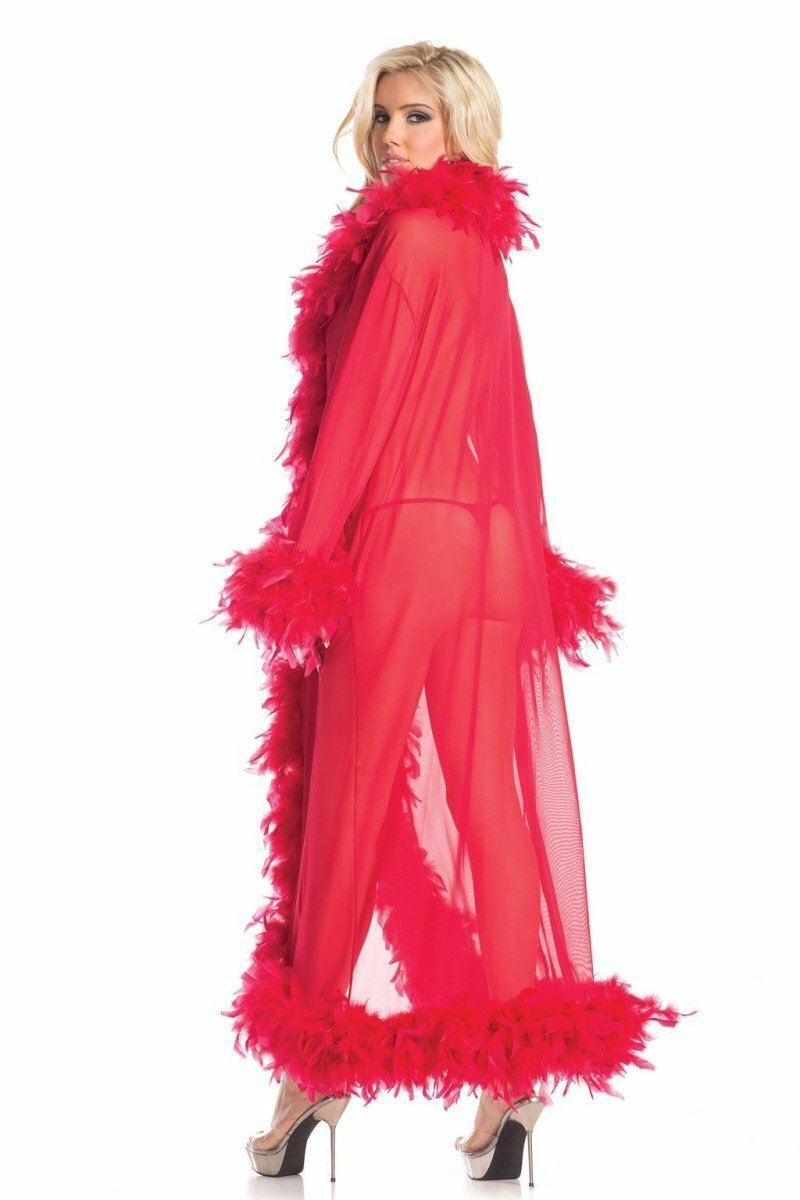 Feather Trimmed Full Length Robe-Robes-BeWicked-Red-O/S-SEXYSHOES.COM